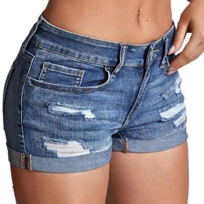 Skinny Jeans Ripped - ハイウエストウォッシュドデニムショーツ、ダメージ加工スキニーリップドカフ付きブルーデニムショートパンツ、ボタンフライカジュアルショートジーンズ