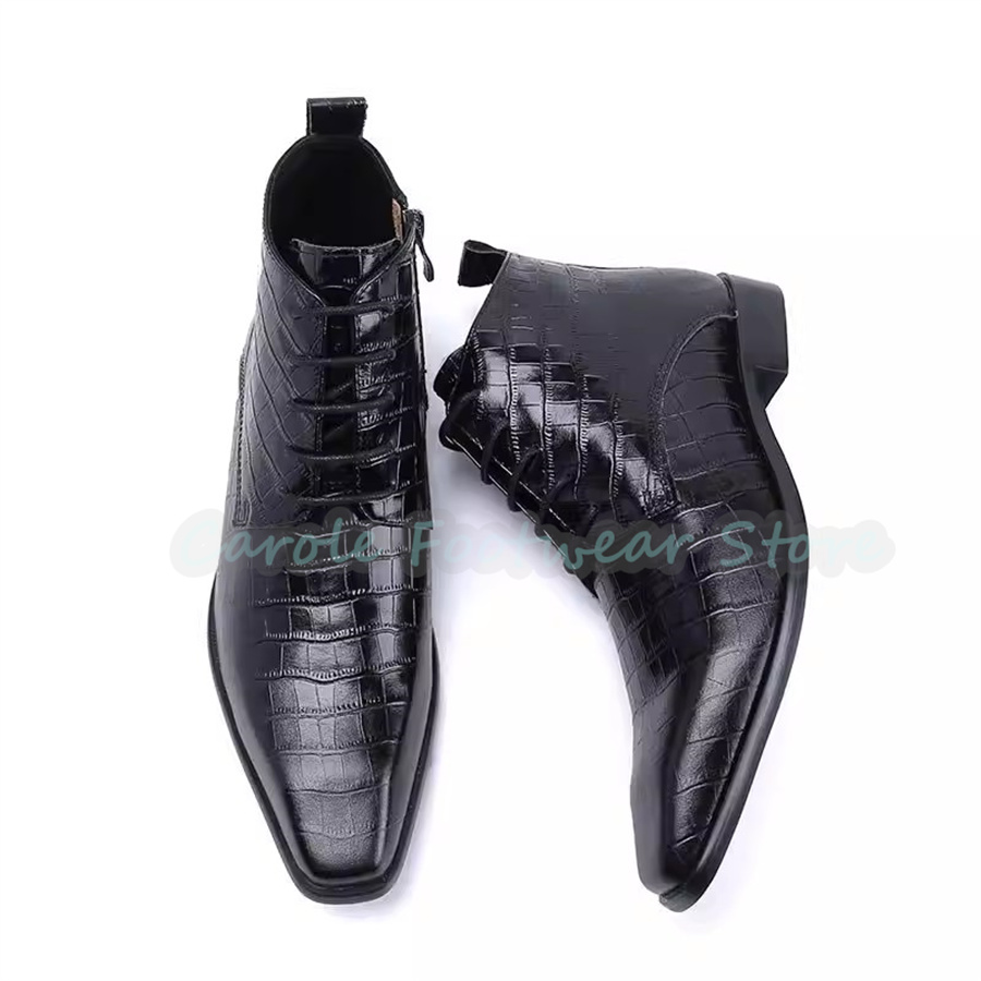 Mens Fashion Dress Shoes - ファッション本革アンクルブーツ男性用ポインテッドトゥチャンキーヒールハイトップレースアップブーツ男性結婚式ビジネスドレスシューズ