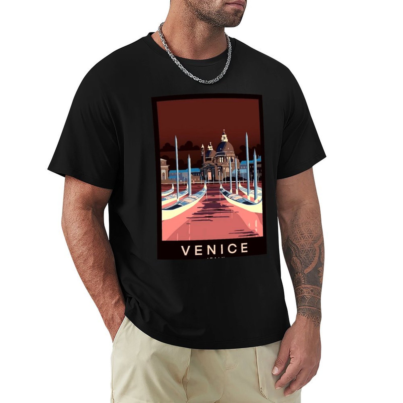 Men'S Fashion Venice Italy - イタリア・ヴェネツィア：旅行・観光広告プリントTシャツ カジュアルファッションプリントTシャツトップ