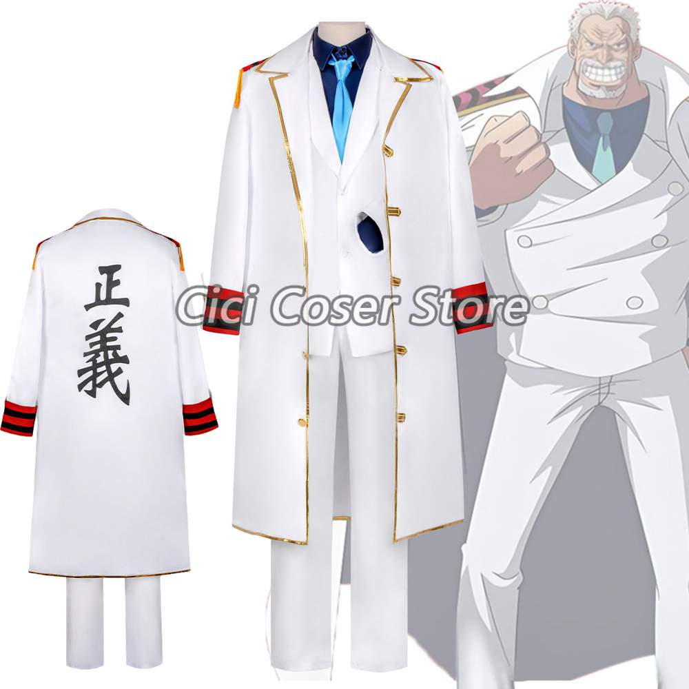 Trench Coat Men - アニメ副提督モンキー・D・ガープコスプレ衣装白い制服スーツロングトレンチコートブルーシャツ男性女性用ハロウィンカーニバル