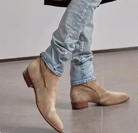Mens Fashion Dress Shoes - 英国風カーキキャメルフロストバックルストラップラウンドトゥフラットアンクルブーツメンズファッションスリッポンパーティードレスシューズブーティサイズ46