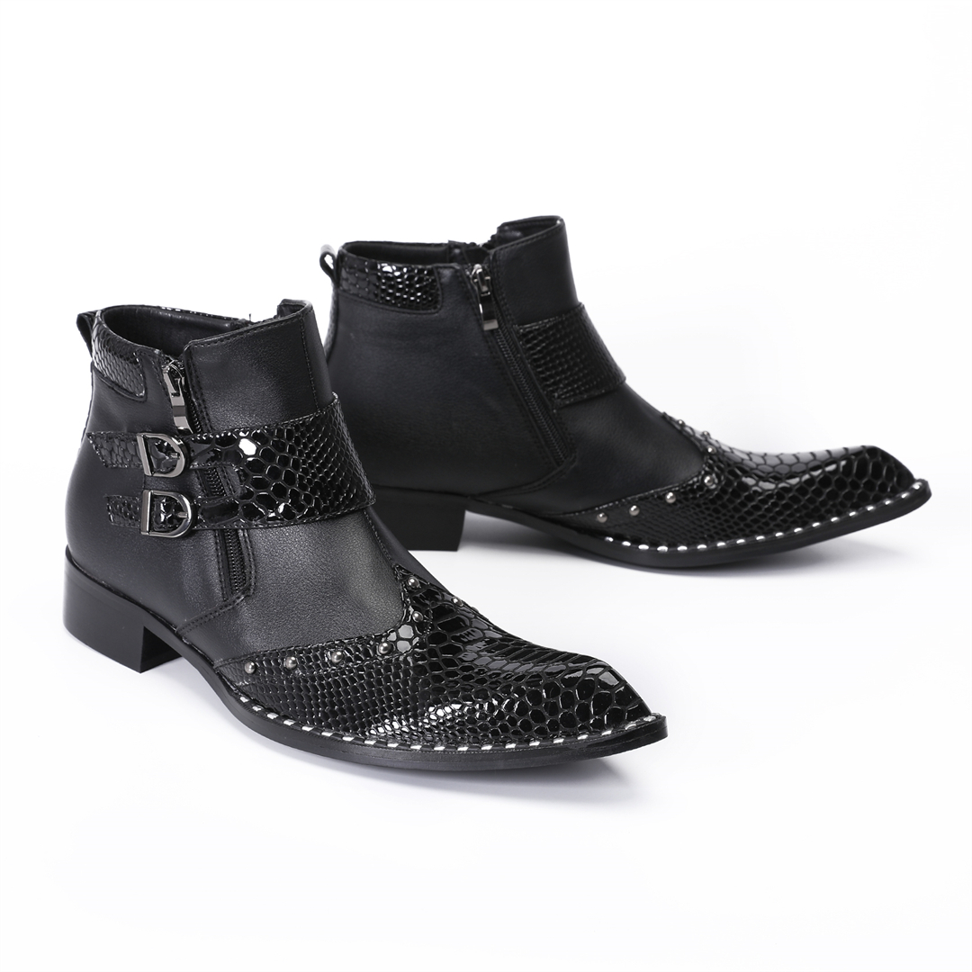 Mens Fashion Dress Shoes - ファッションリベットポインテッドトゥメンズ本革オートバイアンクルブーツ大サイズナイトクラブパーティードレスブーツ男性ビジネスシューズ