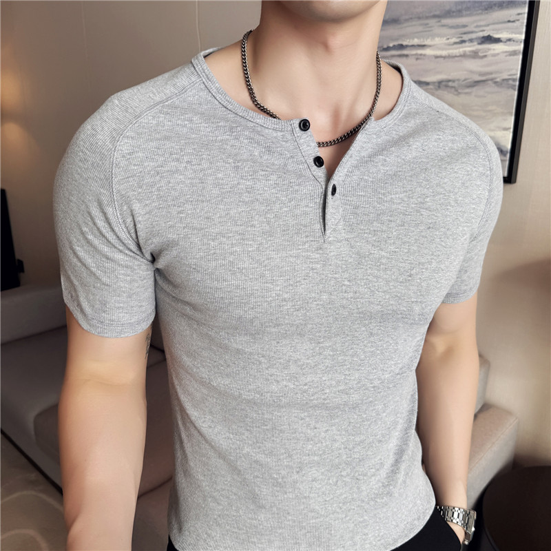Muscle Tee Workout - メンズスリムフィットヘンリーネックTシャツ - 夏用半袖リブニットジムワークアウトトップ | 伸縮性のあるボディビルディング用マッスルTシャツ（フィットネス用）