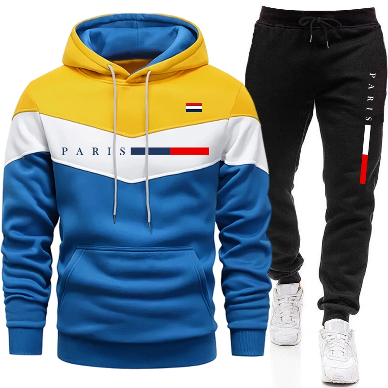 Men'S Fashion Outfits 2026 - 都会的なカジュアルファッション、パリプリントのプルオーバーフーディースポーツウェア、2026年ホットセール、メンズセット、フード付きスウェットシャツとジョガーパンツ