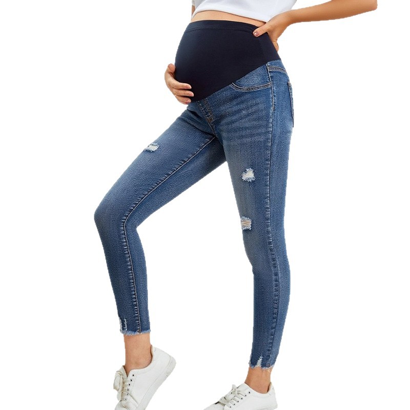 Skinny Jeans Ripped - 妊婦カジュアルタイトデニムパンツマタニティファッションリッピングスリムフィットジーンズスキニーパンツ春秋妊娠服