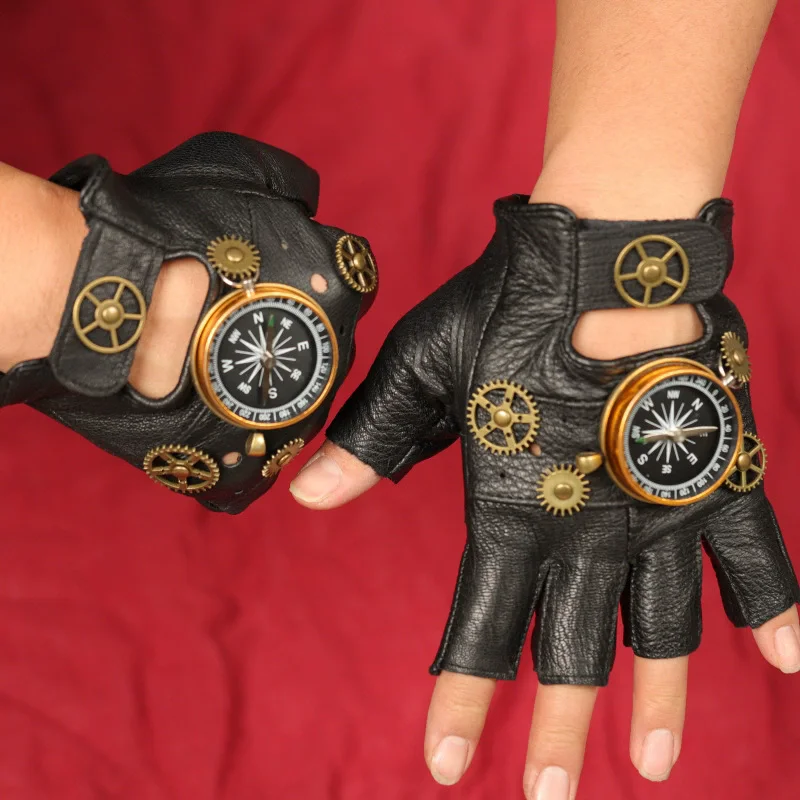 Men'S Fashion Gloves - スチームパンク PU レザーフィンガーレスコンパス手袋男性女性ファッションヒップホップパンク手袋ハーフフィンガーグローブ