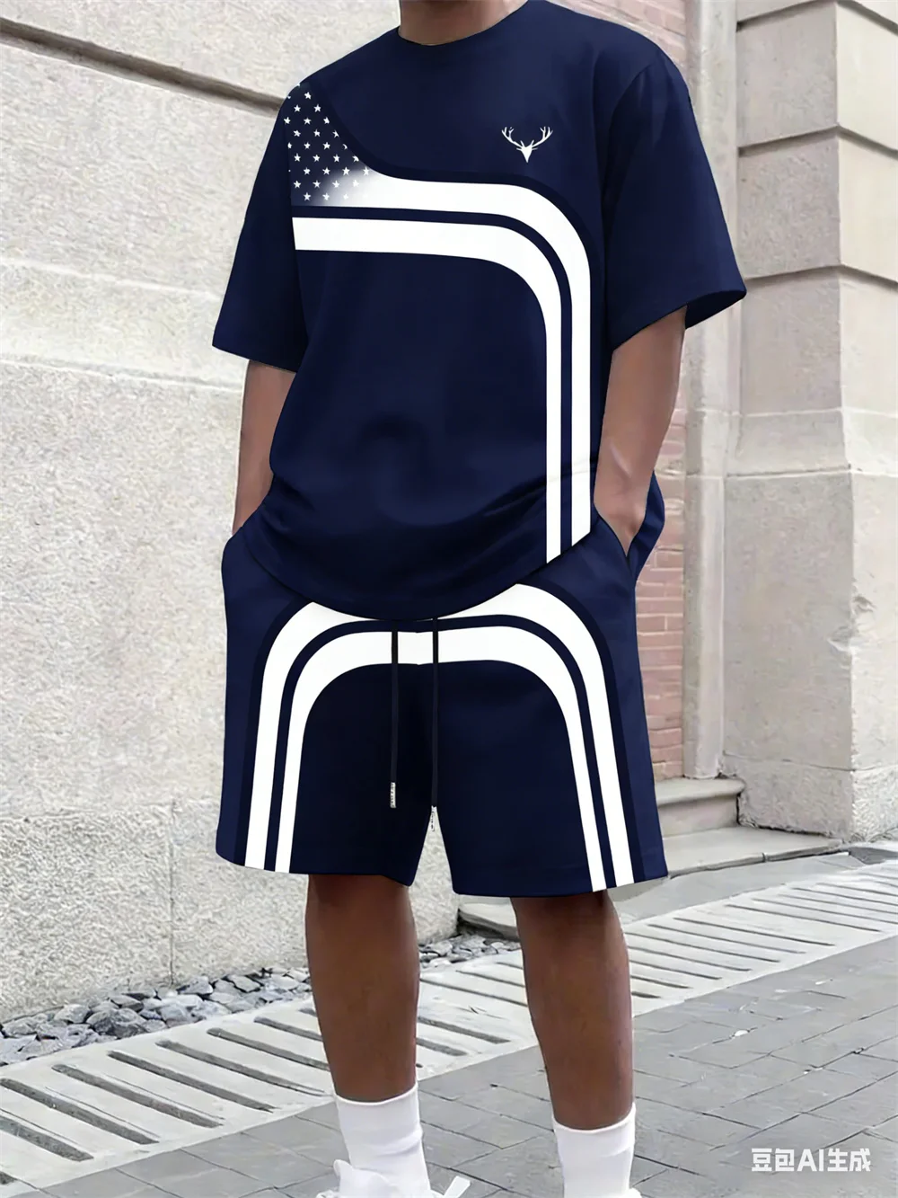Men'S Fashion Clothing - ファッション夏メンズストライププリント快適な通気性のあるラウンドネック Tシャツショーツセットアウトドアハイストリート服 Tシャツセット