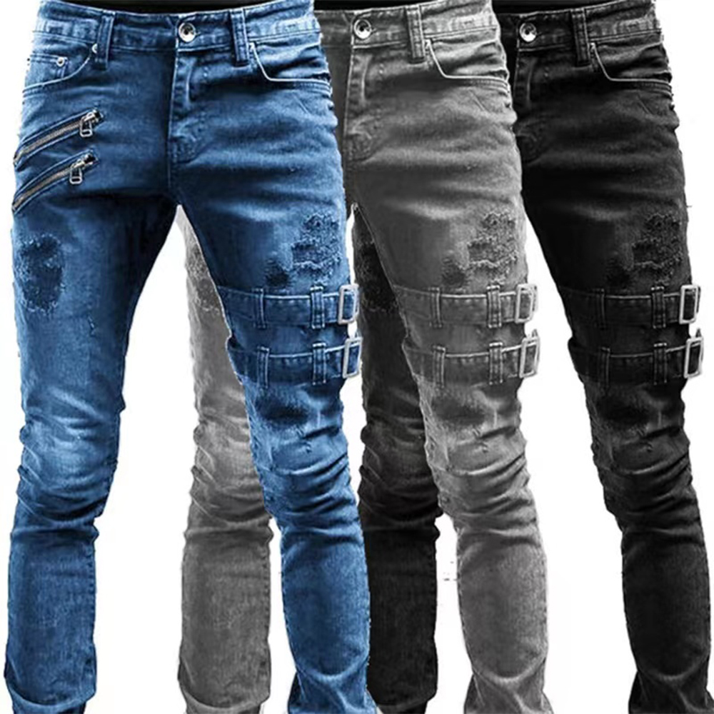 Skinny Jeans Ripped - レトロモトバイカーストレート弾性ジーンズ男性ジッパー穴ストリートパンクスキニーデニムカーゴパンツ Pantalones Hombre Y2K 服