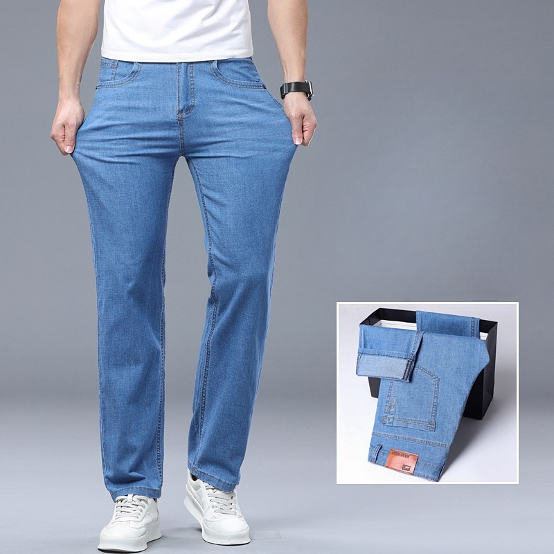 アイスシルク薄いデニムジーンズ男性用ブルーストレートストレッ - Skinny Jeans Ripped のレビューと価格