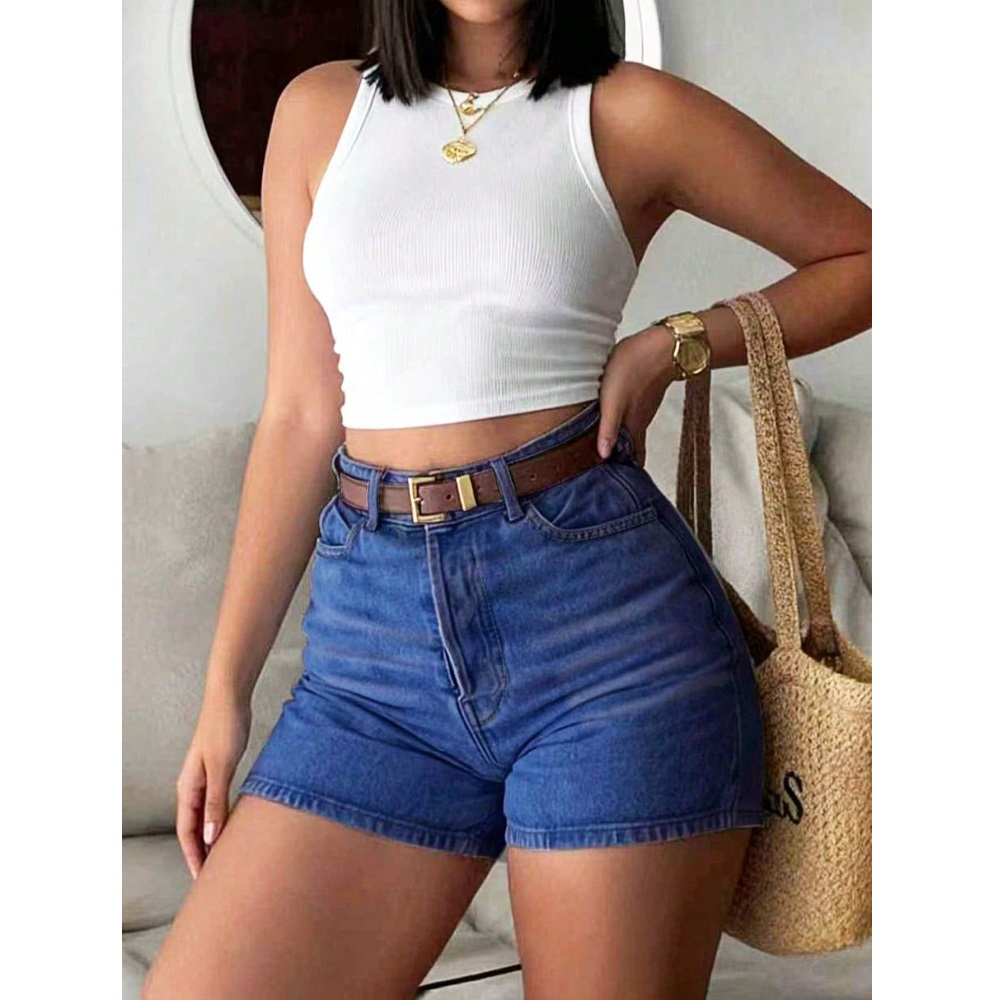 レディース向け、夏用デニムショートパンツ、ハイウエスト、レト - Skinny Jeans Ripped のレビューと価格