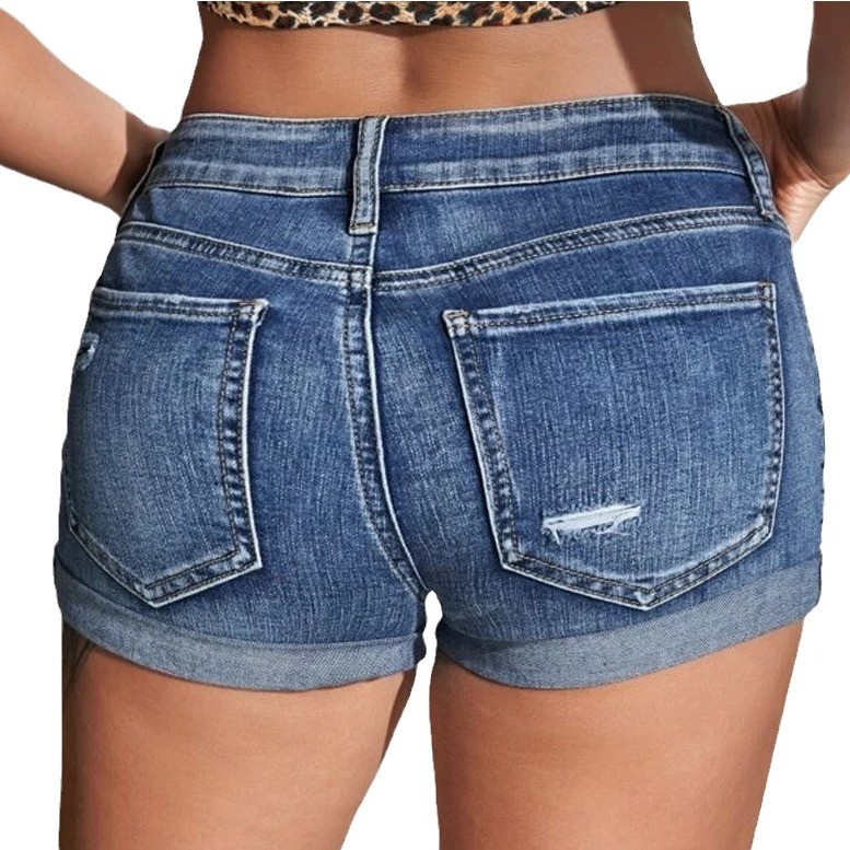 ハイウエストウォッシュドデニムショーツ、ダメージ加工スキニー - Skinny Jeans Ripped のレビューと価格