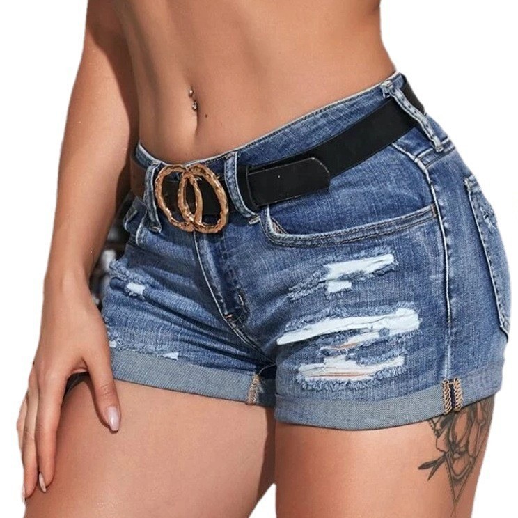 ハイウエストウォッシュドデニムショーツ、ダメージ加工スキニー - Skinny Jeans Ripped のレビューと価格