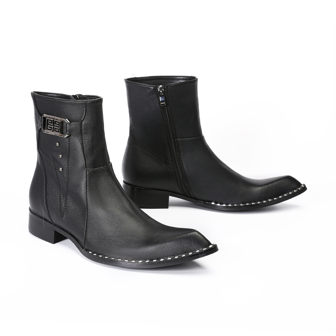 ファッション黒ポインテッドトゥ男性本革アンクルブーツ男性ジッ - Mens Fashion Dress Shoes のレビューと価格