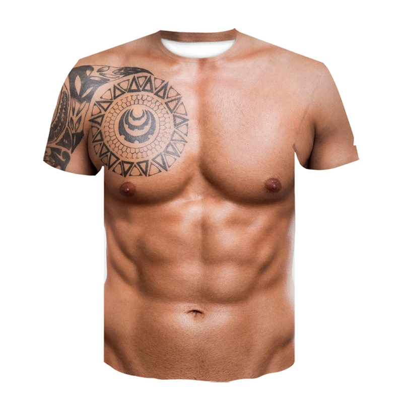 メンズ合成人体パターンTシャツ、偽筋肉3Dプリント半袖カジュ - Muscle Tee Workout のレビューと価格