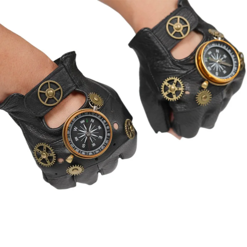 スチームパンク PU レザーフィンガーレスコンパス手袋男性女 - Men'S Fashion Gloves のレビューと価格