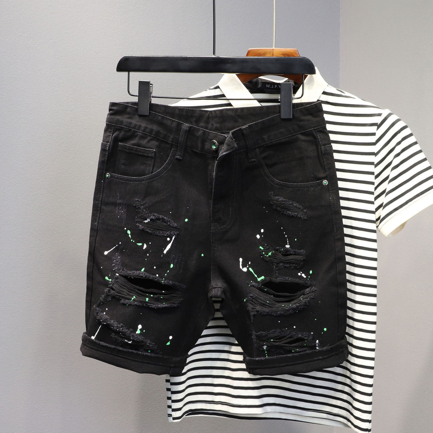 スキニーショートジーンズパンツ男性用ブラックリッピングマンデ - Skinny Jeans Ripped のレビューと価格