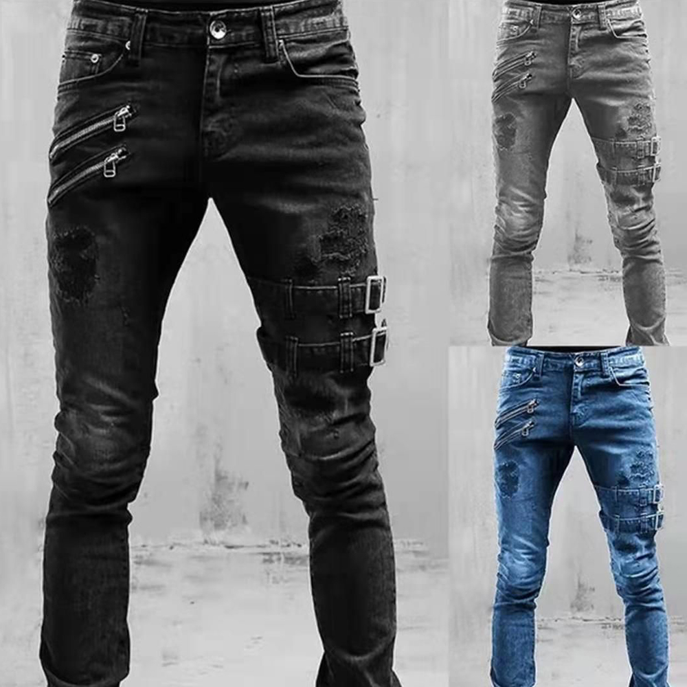 レトロモトバイカーストレート弾性ジーンズ男性ジッパー穴ストリ - Skinny Jeans Ripped のレビューと価格