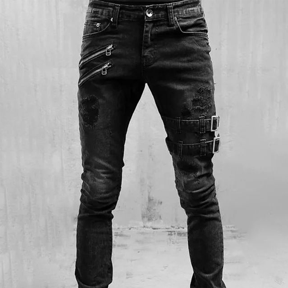 レトロモトバイカーストレート弾性ジーンズ男性ジッパー穴ストリ - Skinny Jeans Ripped のレビューと価格