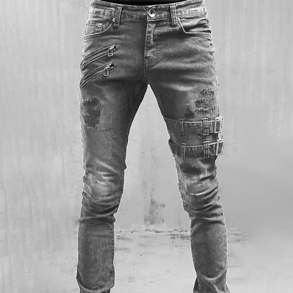 レトロモトバイカーストレート弾性ジーンズ男性ジッパー穴ストリ - Skinny Jeans Ripped のレビューと価格