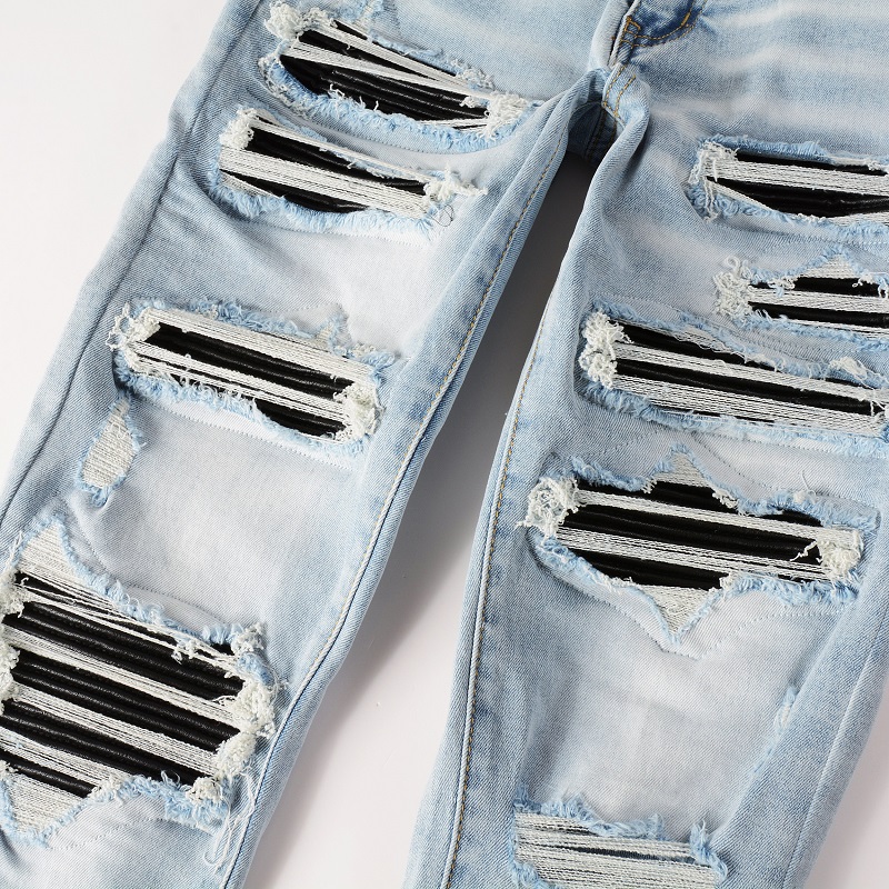 メンズバイカースタイルの黒のプリーツパッチ,ストリートウェア - Skinny Jeans Ripped のレビューと価格
